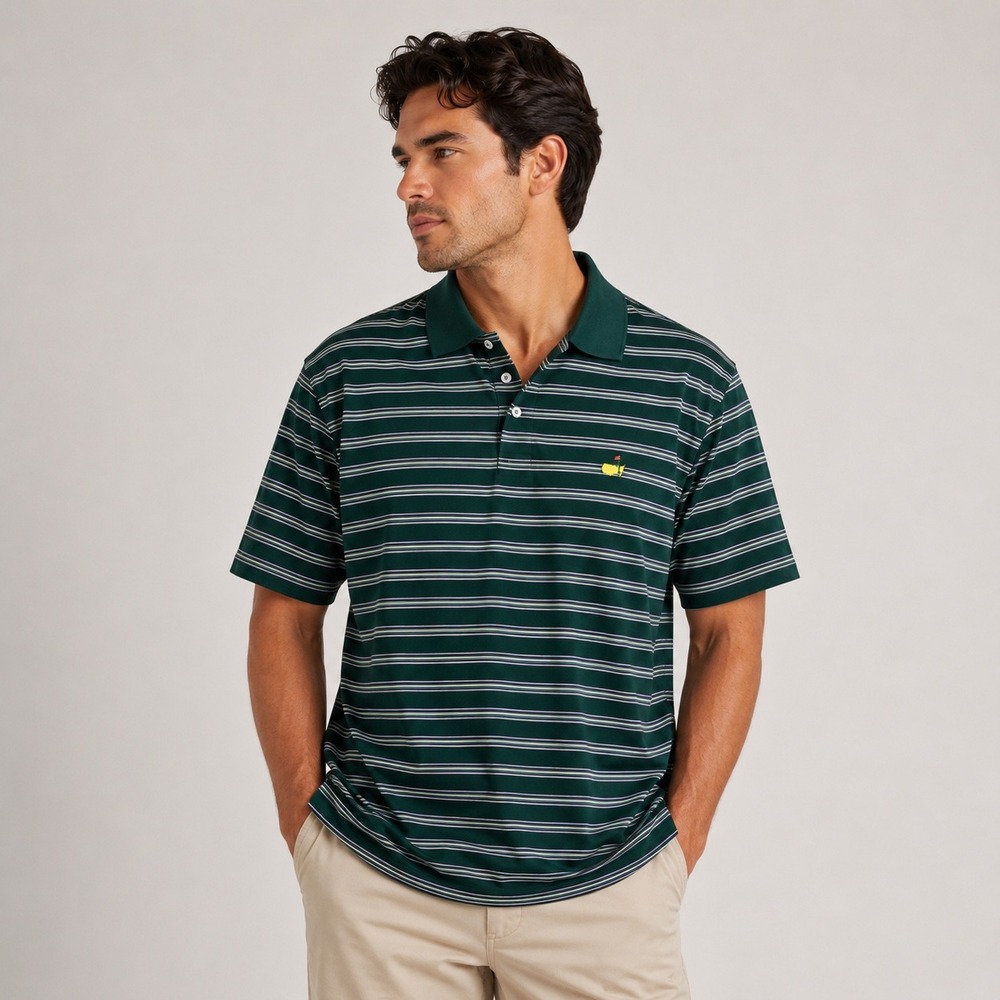 Masters Tournament Mens Green Striped Golf Polo Shirt Short Sleeve Logo Size L